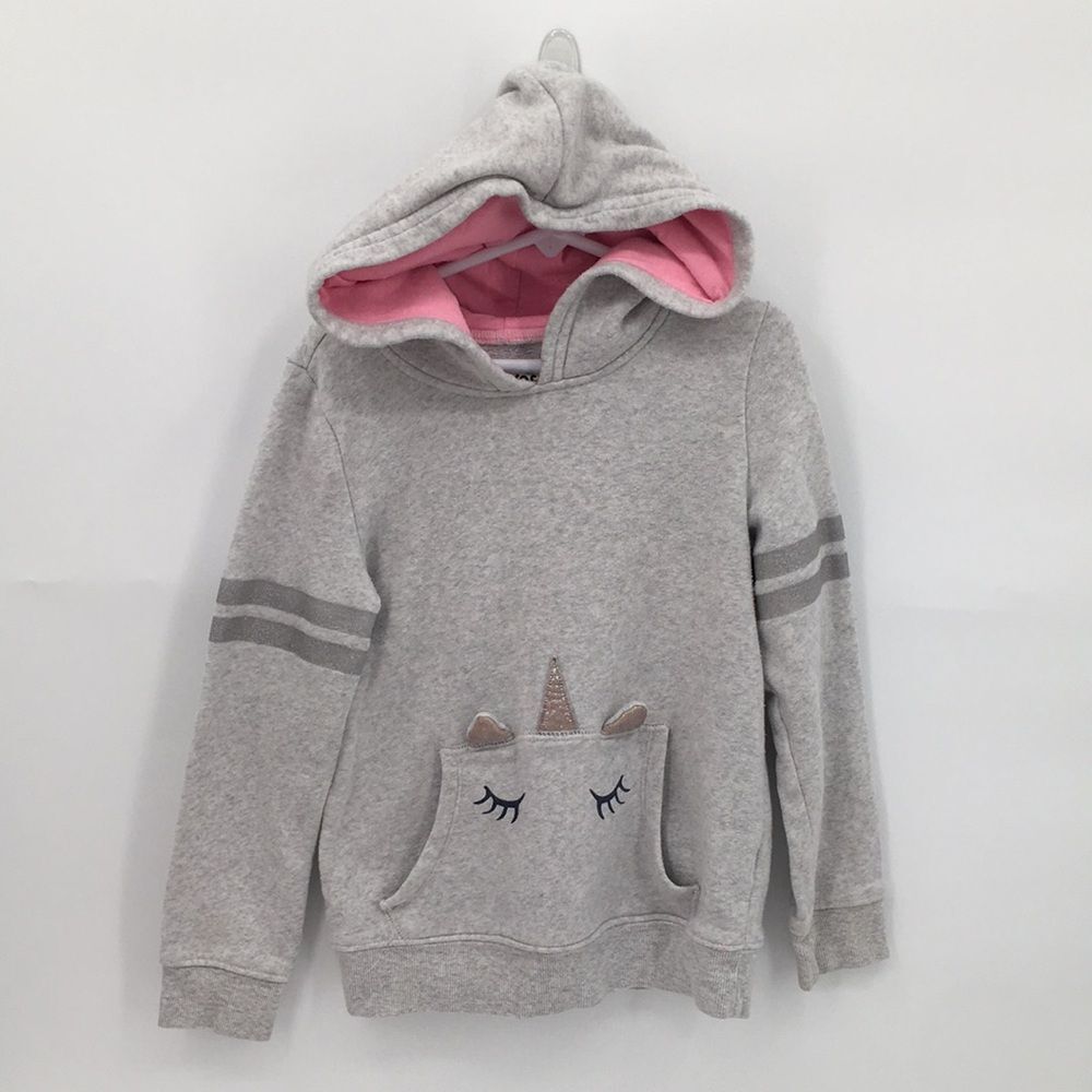 Oshkosh Girls' Gray Hooded Sweatshirt with Pink Lining and Unicorn Pocket 7